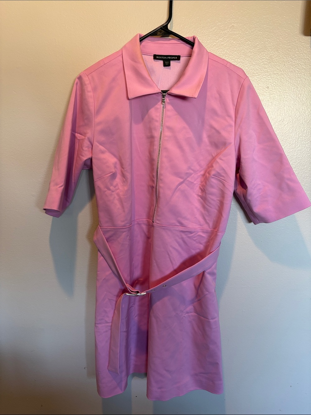 Boston Proper Modern Collared Zip-Front Short Sleeve Belted Mini Dress
